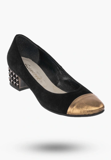 Buty Damskie Czółenka Czarne ze Skóry Naturalnej Z Ozdobnym Obcasem 26