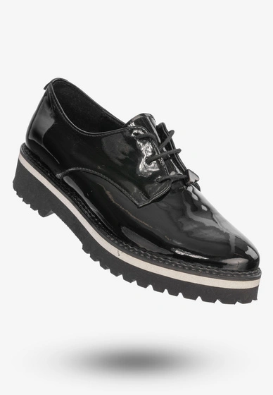 Półbuty Buty Damskie Skórzane Eleganckie Czarne Lakierowane 3519/090-P